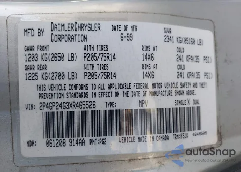 1999 Plymouth Grand Voyager from USA, damaged, VIN 2P4GP24G3XR465526